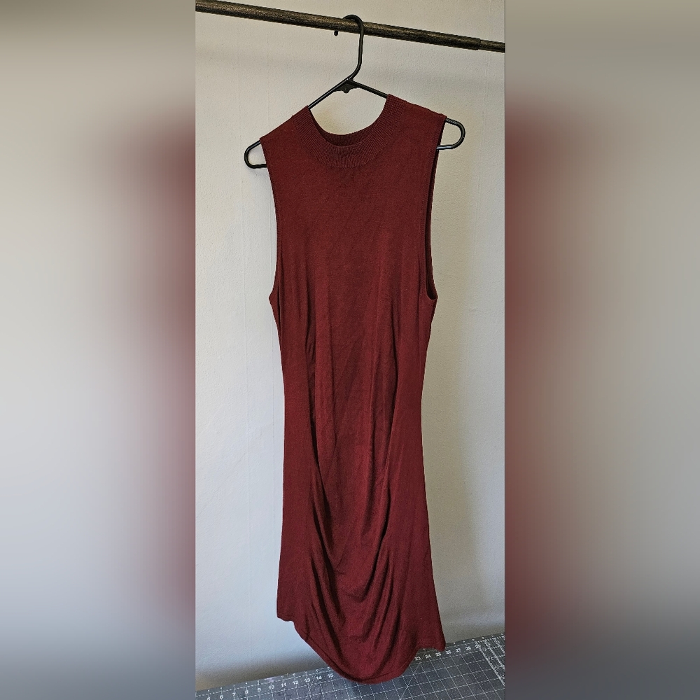 Express Burgundy Sleeveless Mock Neck Bodycon Midi Dress w/ Ruched Detailing